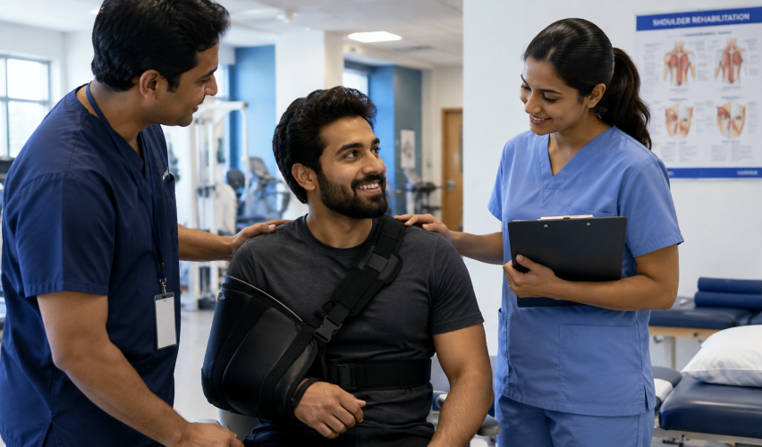 Actor recovering after shoulder surgery with medical support