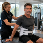 Celebrity recovering after back surgery with physical therapist