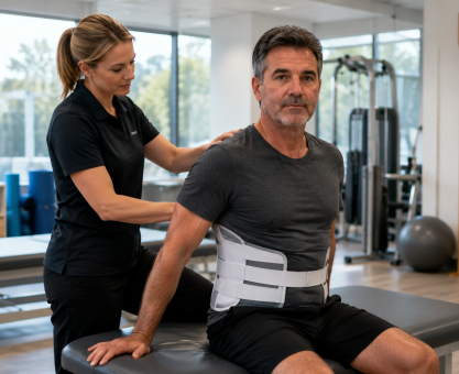 Celebrity recovering after back surgery with physical therapist
