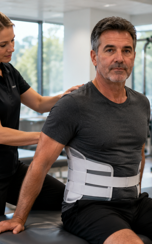 Celebrity recovering after back surgery with physical therapist