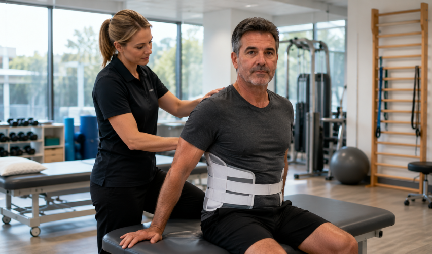 Celebrity recovering after back surgery with physical therapist