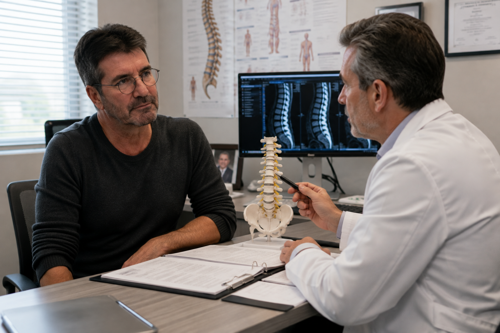 Celebrity speaking with doctor after back surgery