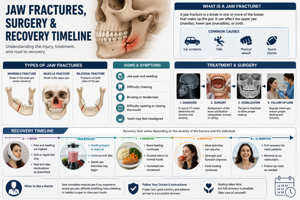 Infographic on jaw fractures, surgery, and recovery timeline