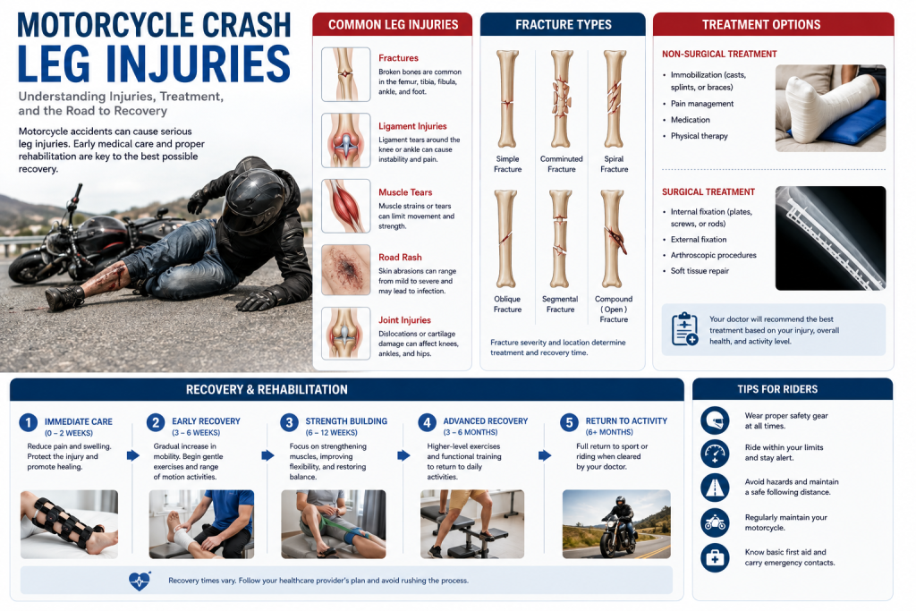 Infographic showing motorcycle crash leg injuries and recovery