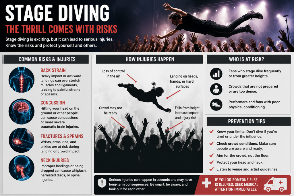Infographic showing risks of stage dives including back strain and concussion