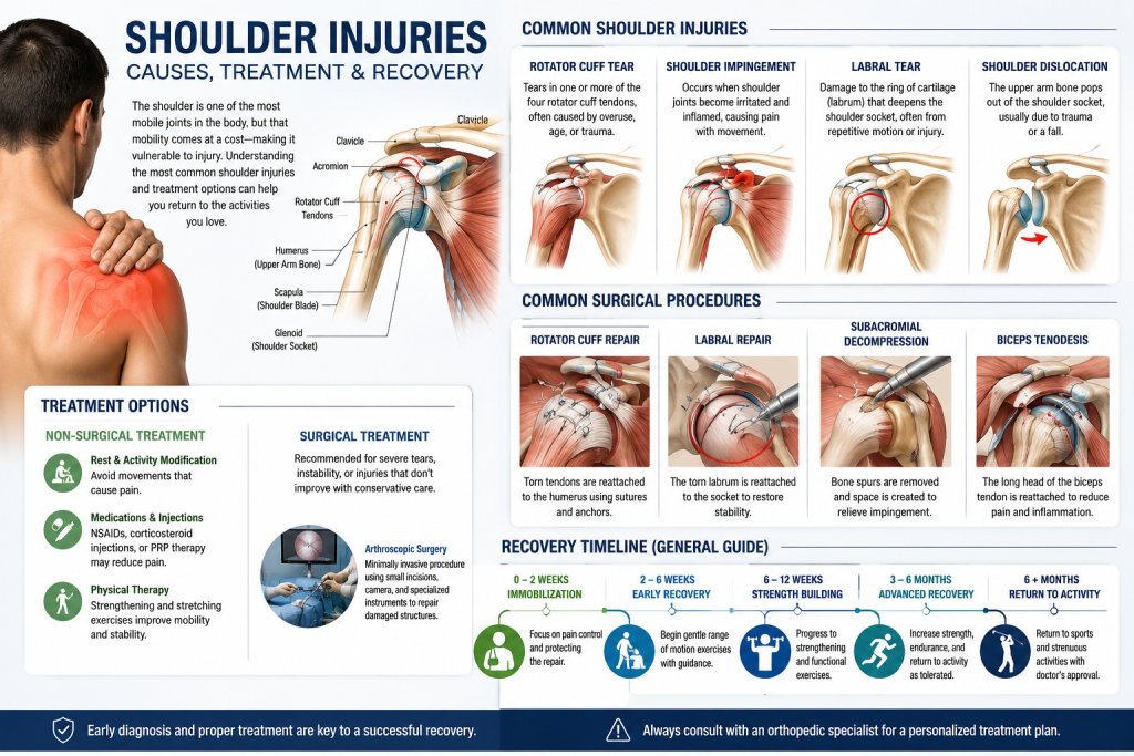 Infographic showing shoulder injuries surgery and recovery