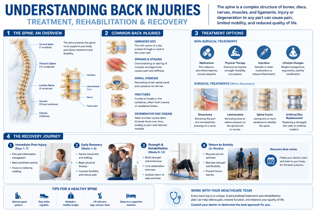 Infographic showing spinal injury surgery and recovery stages