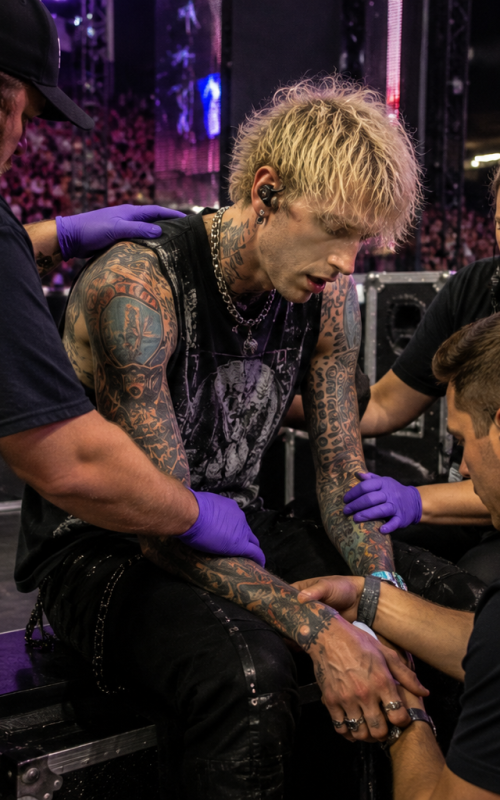 MGK receiving medical attention after stage dive at a live concert