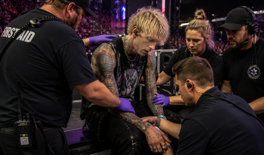 MGK receiving medical attention after stage dive at a live concert