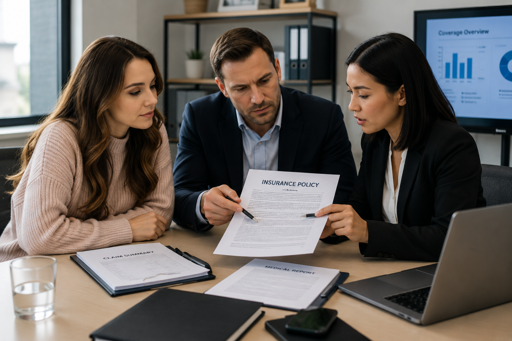 Professionals reviewing insurance documents after Rosanna Pansino’s injury
