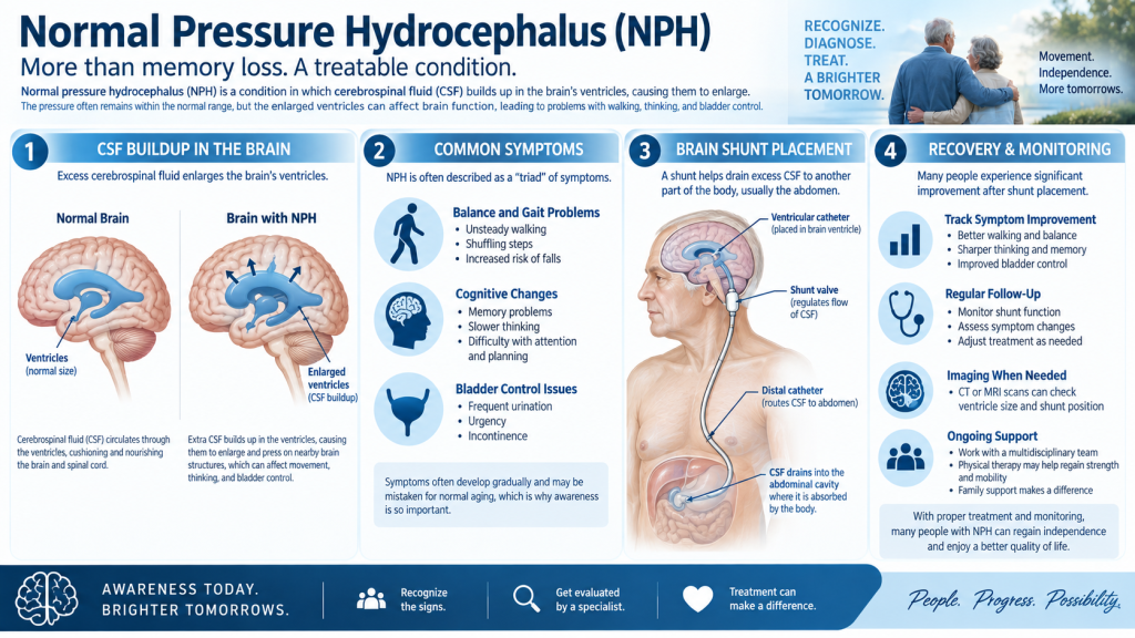 Infographic explaining normal pressure hydrocephalus and brain shunt treatment