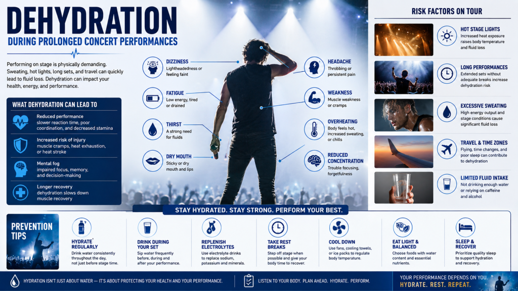 Infographic showing dehydration symptoms and concert performance risks