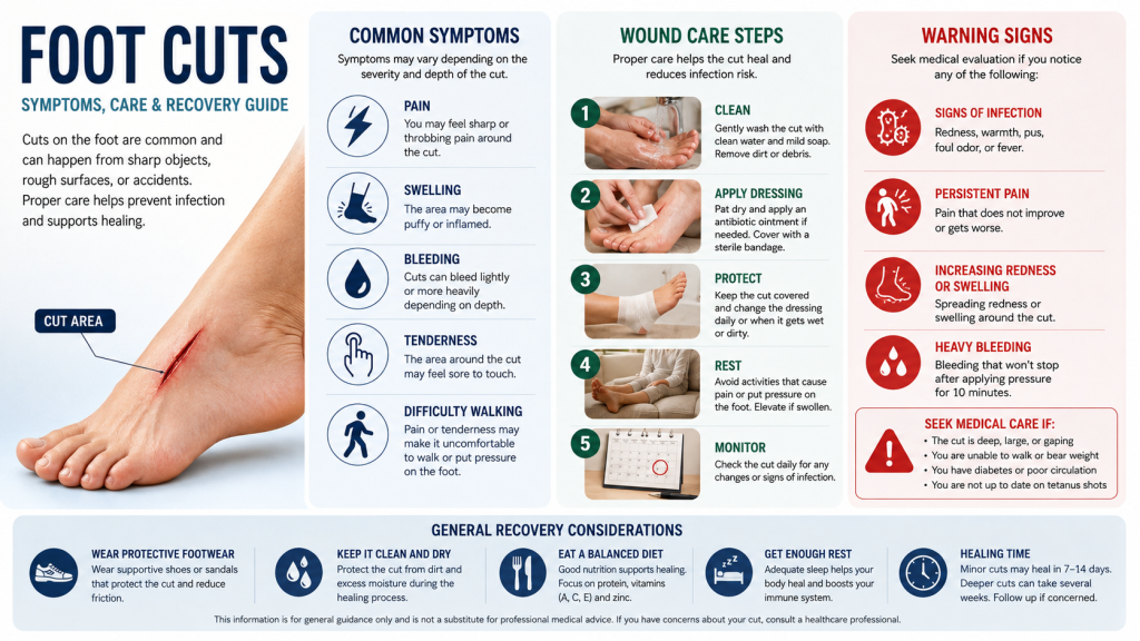 Infographic showing foot injury symptoms and recovery care