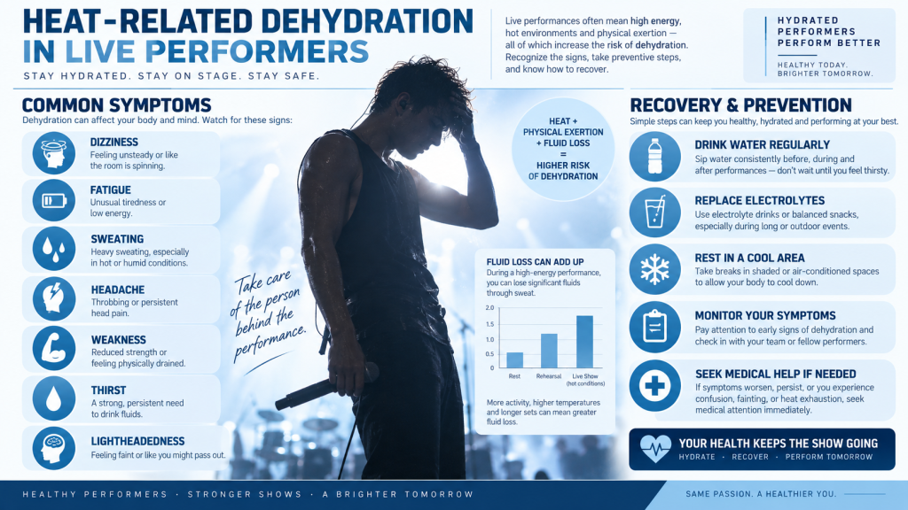 Infographic showing heat-related dehydration symptoms for performers