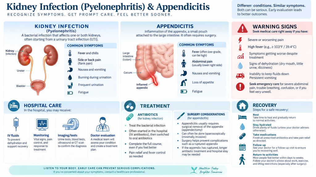 Infographic showing kidney infection and appendicitis warning signs