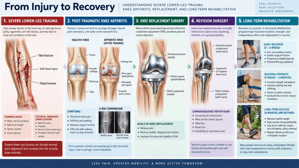 Infographic showing long-term effects of traumatic knee injuries and joint replacement