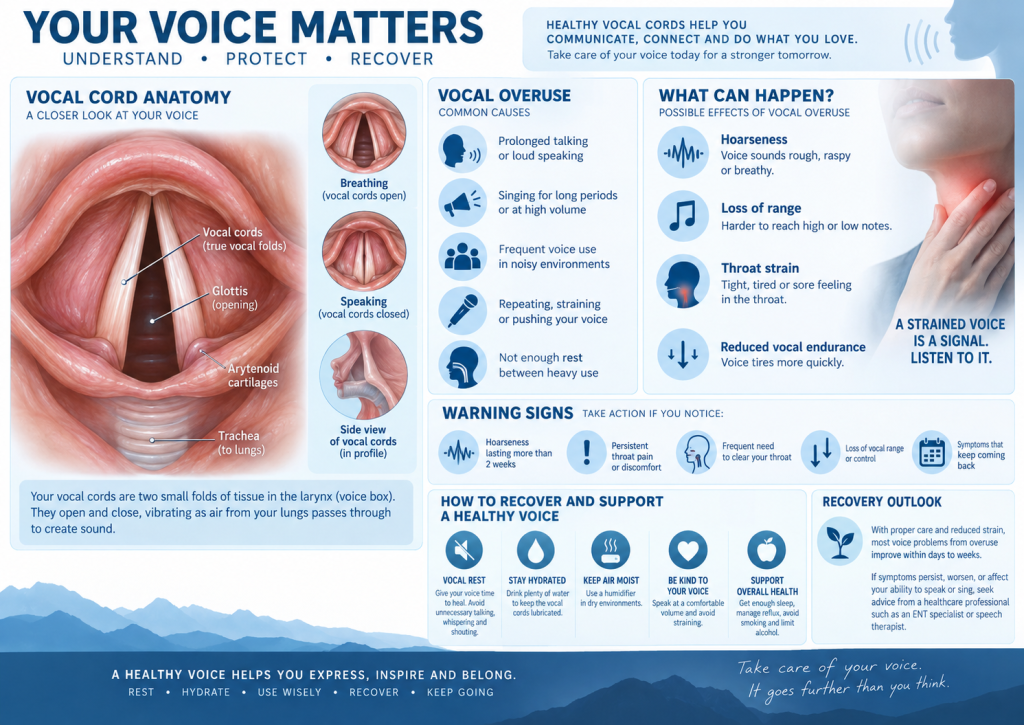 Infographic showing vocal cord overuse symptoms and professional voice injury risks
