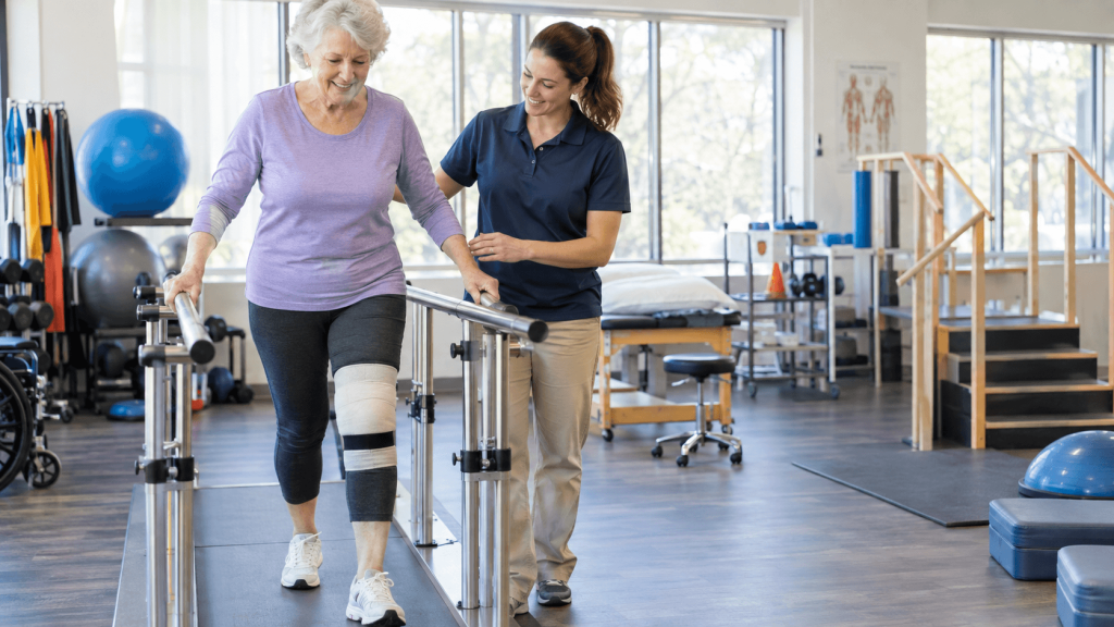 Older actress completing physical therapy following repeat knee replacement surgery
