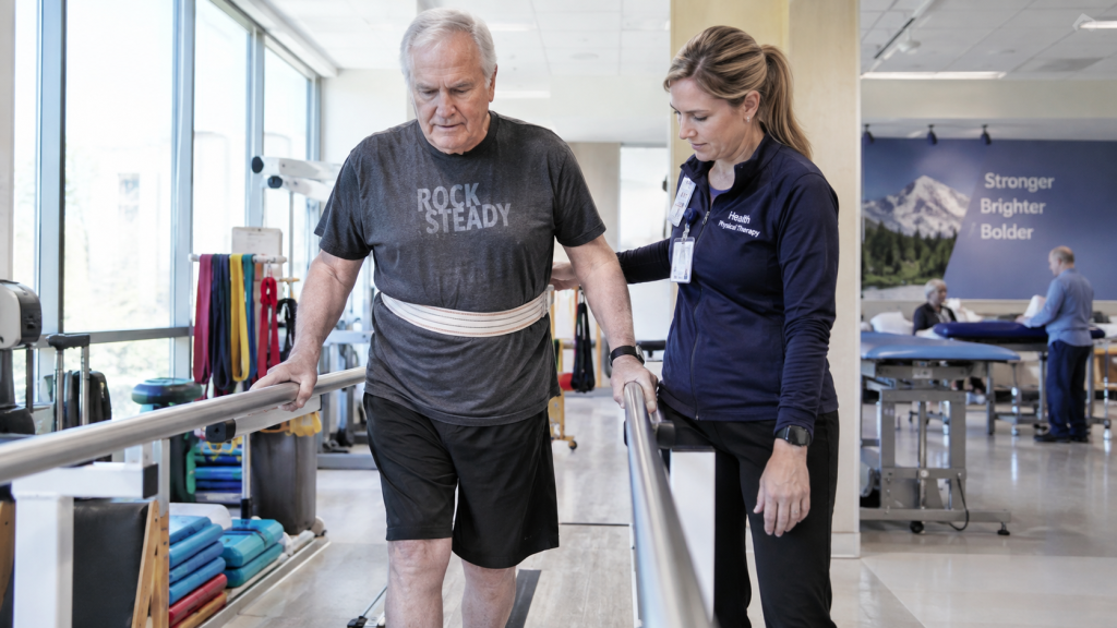 Older singer performing supervised balance rehabilitation after neurological surgery