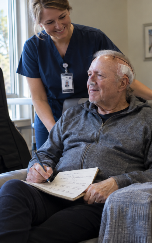 Older singer recovering after brain shunt surgery with medical support