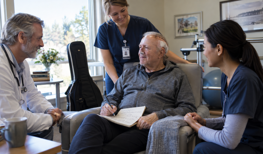 Older singer recovering after brain shunt surgery with medical support