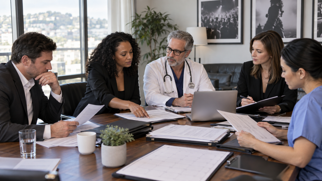 Professionals reviewing recovery planning after celebrity hospitalization