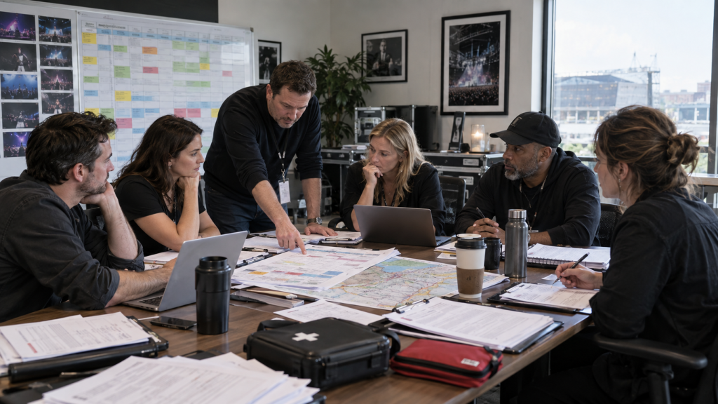 Tour managers reviewing schedules after performer collapse