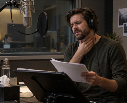 Voice actor experiencing vocal strain during intensive recording session