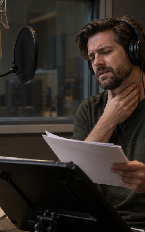 Voice actor experiencing vocal strain during intensive recording session