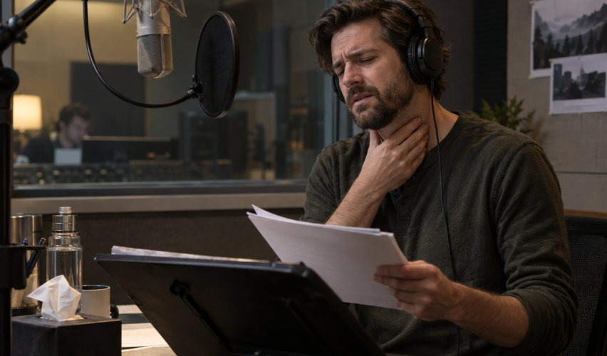 Voice actor experiencing vocal strain during intensive recording session