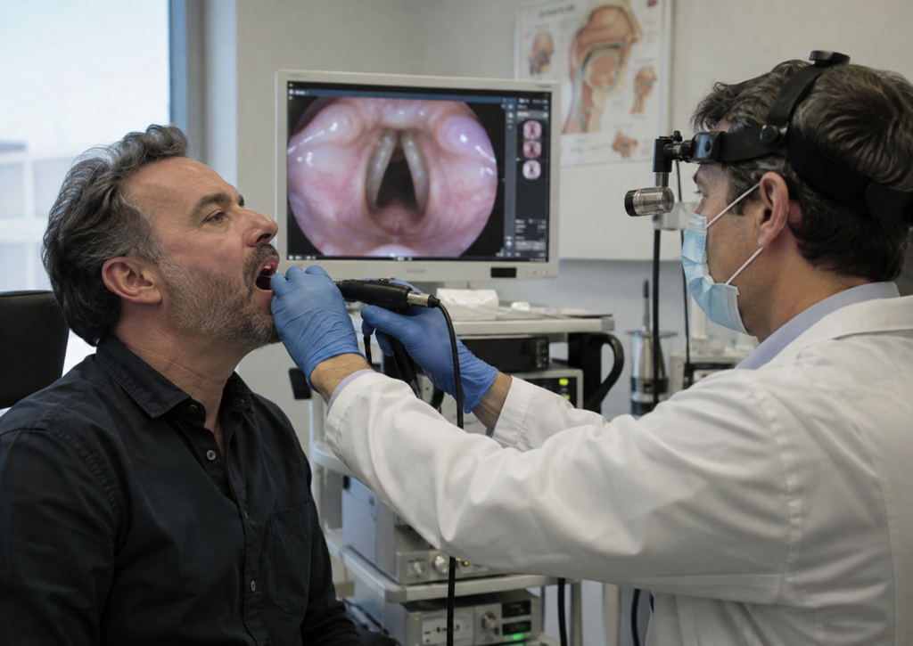 Voice actor undergoing throat and vocal cord examination with ENT specialist