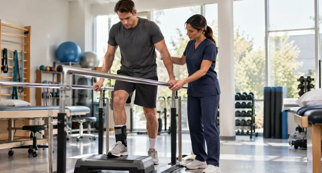 Actor completing supervised balance exercises after an ankle injury