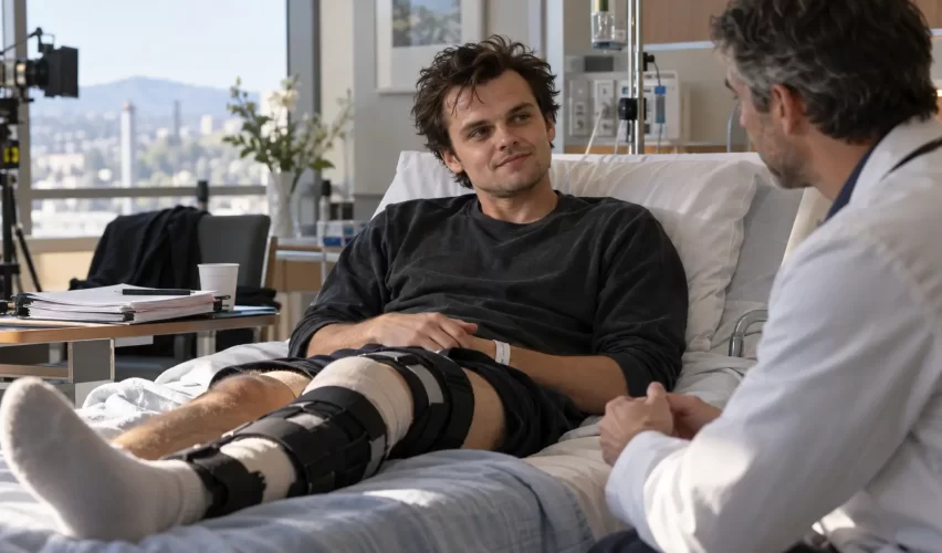 Actor receiving medical attention for a knee injury on a movie set