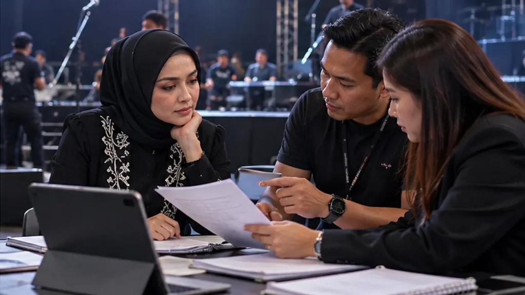 Concert production team reviewing rehearsal safety and recovery arrangements