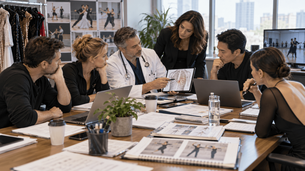 Dance production and medical staff reviewing rehearsal changes after performer injury