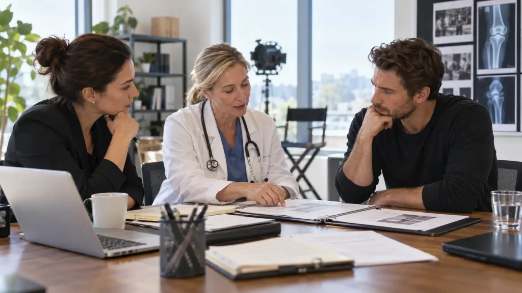 Entertainment professionals reviewing recovery and work schedules