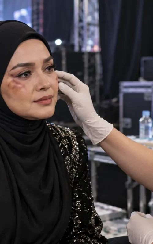 Female singer receiving medical attention for facial bruising backstage