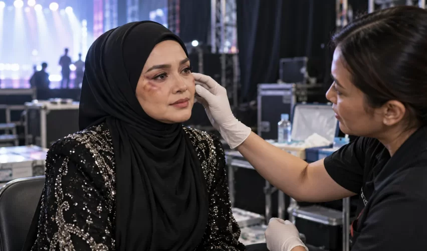 Female singer receiving medical attention for facial bruising backstage