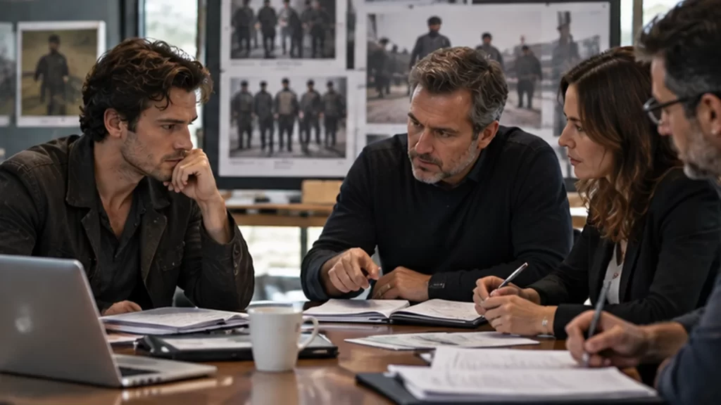 Film production team discussing an actor's injury recovery and schedule