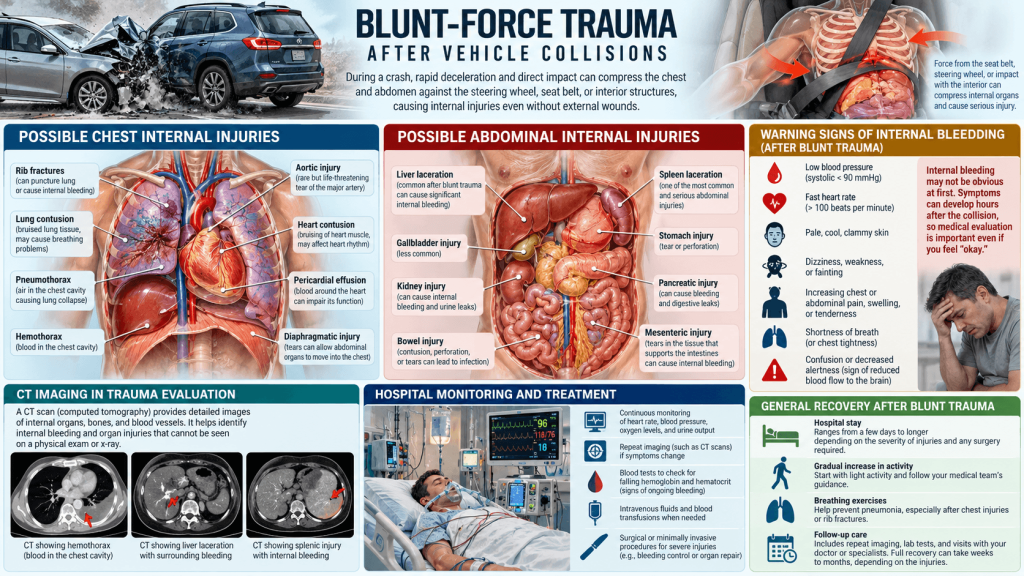 Infographic explaining internal injuries after a serious car crash