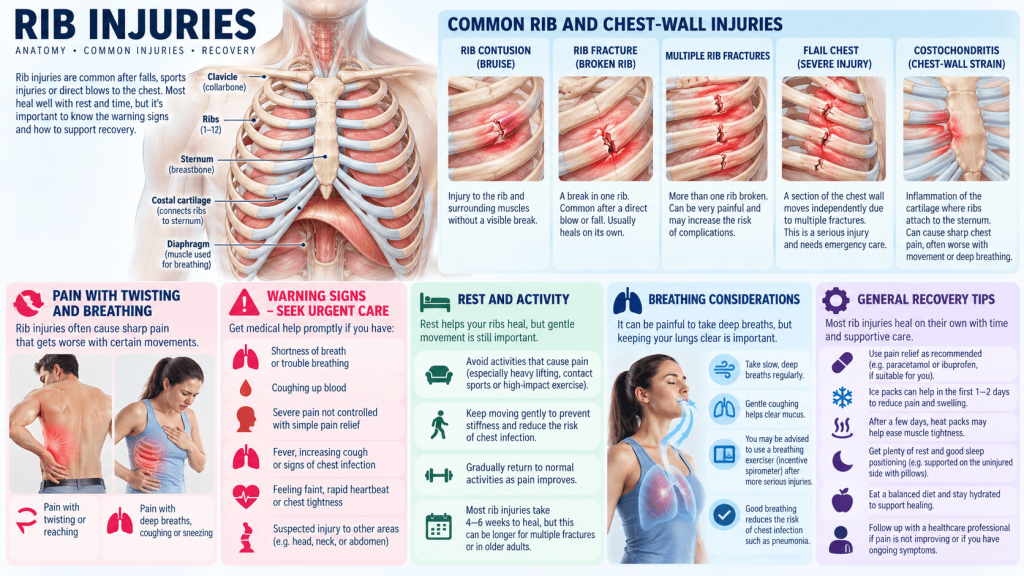 Infographic explaining rib injuries symptoms breathing concerns and recovery