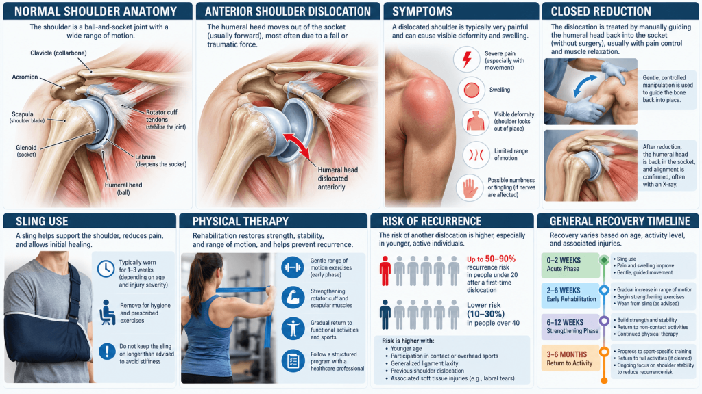 Infographic explaining shoulder dislocation symptoms treatment and recovery