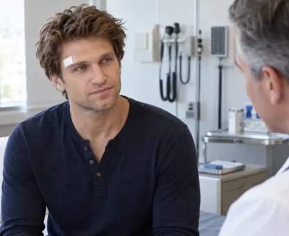 Male actor receiving medical care after a facial injury
