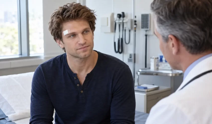 Male actor receiving medical care after a facial injury