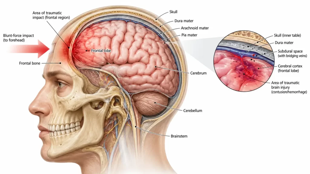 Medical illustration explaining head trauma and concussion risks