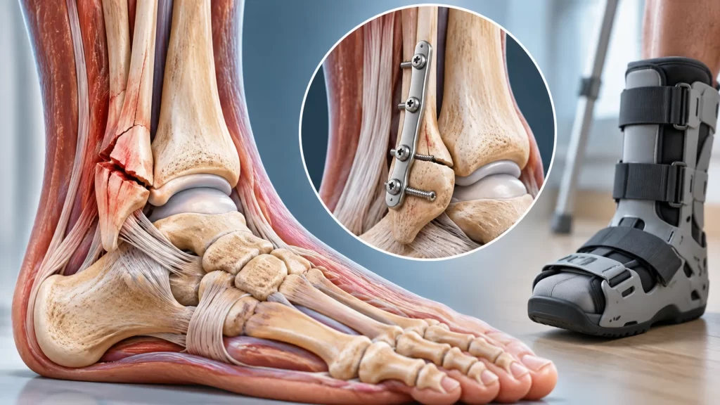 Medical illustration of an ankle fracture and example surgical fixation