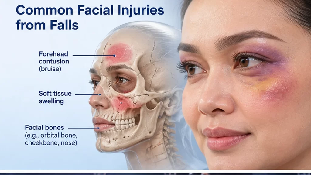 Medical illustration of facial bruising, soft-tissue swelling and facial anatomy
