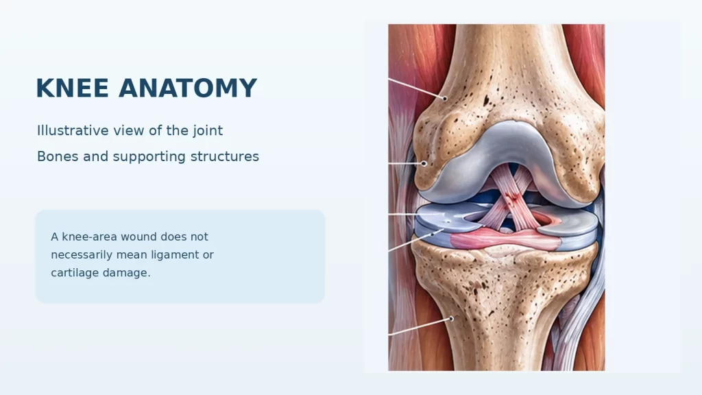 Medical illustration of knee anatomy and supporting structures
