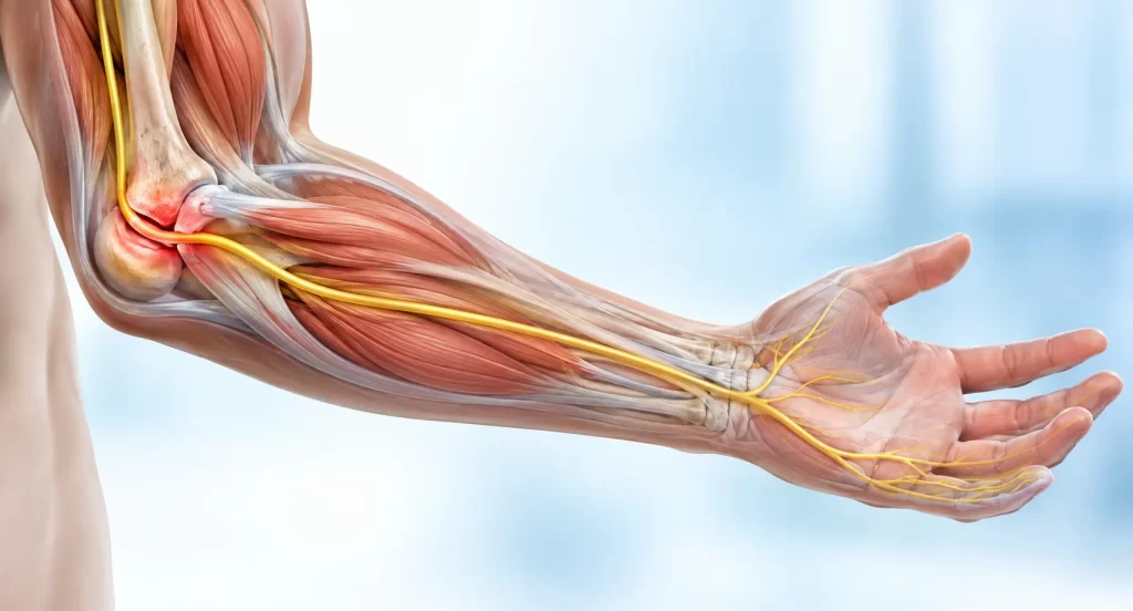 Medical illustration of ulnar nerve compression at the elbow