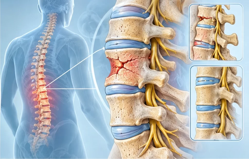 Medical illustration showing spinal fracture anatomy